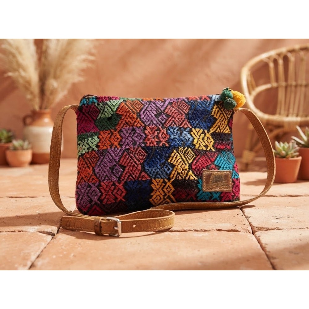 Founders Imports Crossbody Bag Small Multi Color Woven Boho Leather Strap PomPom